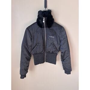Vtg BEBE Jacket Womens Small Faux Fur Collar Bomber Satin Cinched Hem Pockets